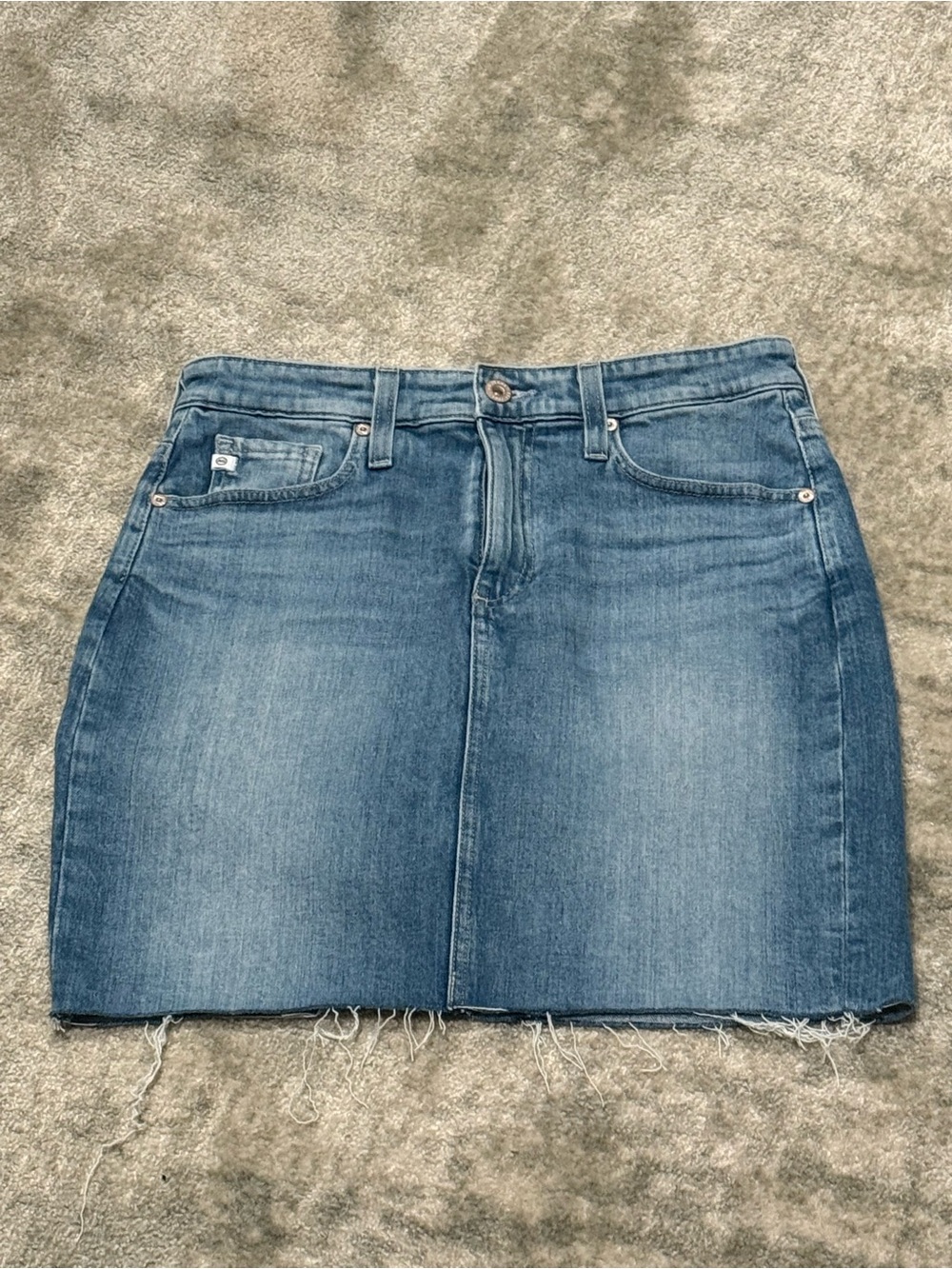 Ag Adriano Goldschmied Medium Blue Denim Mini Skirt with Frayed Hem
